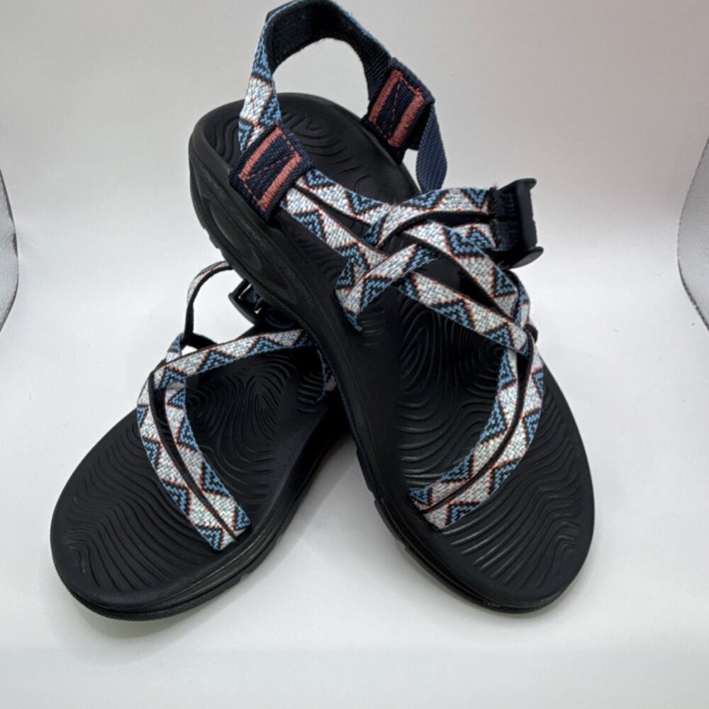 Chaco ZX/1 Womens Sandals US 6 Geometric Blue and Orange and White dual strap